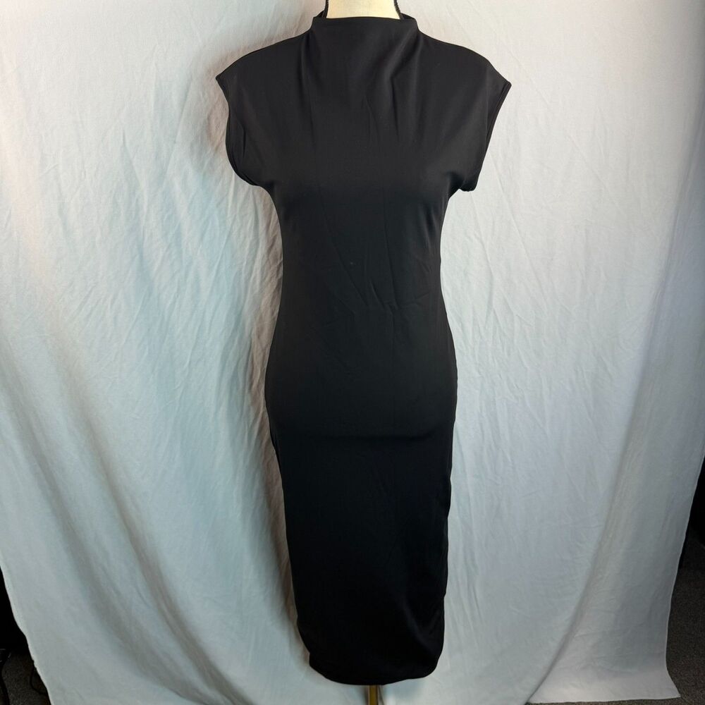 Open Edit Black Bodycon High Neck Cap Sleeve Stretchy Minimalist Midi Dress S - Picture 2 of 8